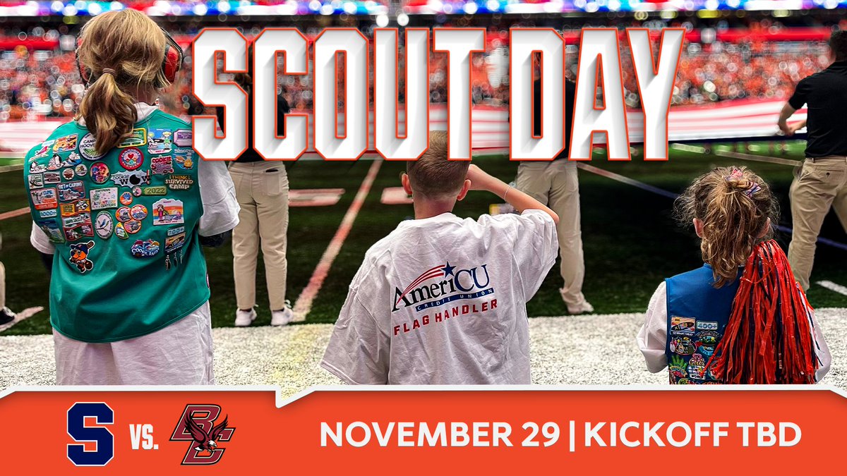 Cuse's tweet image. Join us on Nov. 29 as @CuseFootball takes on Boston College! 

Scouts, along with their families and friends, can enjoy discounted tickets and earn an exclusive Syracuse Scout Day patch just for attending!

➡️ bit.ly/4qZsElq