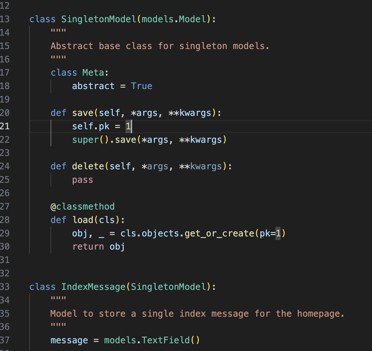 GabrielTrouve's tweet image. 🐍 Besoin d&apos;un seul objet en base de données ?

Le Singleton #djangoframework  :
- Meta abstract pour la réutilisabilité
- save() qui force pk=1
- load() en classmethod 
- delete() vide pour éviter les suppressions

Idéal pour les configs globales ! 

#python