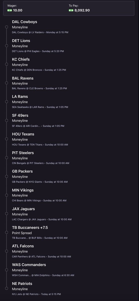 ballbrawlbets's tweet image. Week 11 15-Leg Parlay!!🏈🏈

In Week 2, WE WENT 16/16 and WON $17,000!🤑🤑

WE’RE GIVING AWAY $$$ to Someone who Follows, Likes, Comments, and RTs If We WIN!! 💰

$10 ➡️ $8,000

#NFL #DraftKings #fanduel #PrizePicks