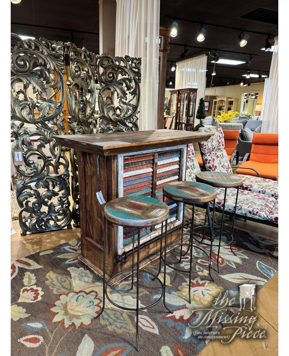 Kanes rustic Bombay bar in a distressed finish with three matching barstools. There are two drawers with wine storage behind the bar. Measures 49"long x 23"deep x 42"high. 
Click here for pricing and availability ➡ buff.ly/TywOeZb