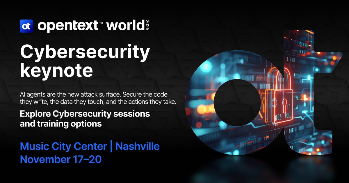 OpenTextSec's tweet image. The countdown continues for #OpenTextWorld 2025!

Our Cybersecurity track hands you the layered-defense playbook. Discover how we can #ElevateTogether: bit.ly/3LEUVxF