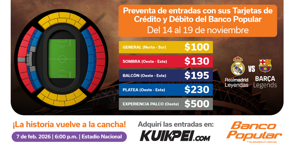 ⚽🔥 ¡Mañana arranca la preventa exclusiva!​
Entradas para el Clásico Real Madrid Leyendas vs Barça Legends disponibles con Tarjetas del Banco Popular.