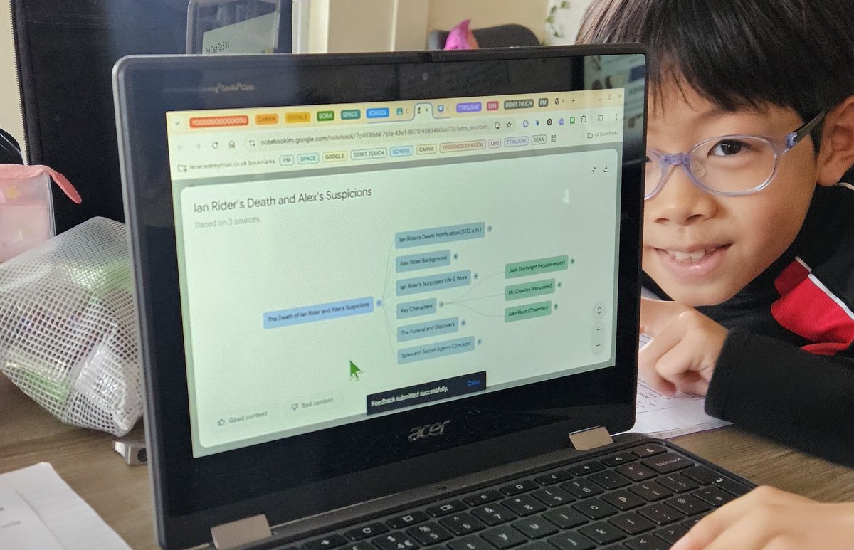 LEOacademies's tweet photo. Another exciting week at @LEOacademies!

Some of our  Year 5 pupils at @CCJacademy have started piloting the use of @GeminiApp &amp; @NotebookLM, following a 6-week AI Literacy programme. Today, the children brought their reading lesson to life with @NotebookLM.

🔴🟡🟢🔵 ✨ https://t.co/13NlQWbUSN