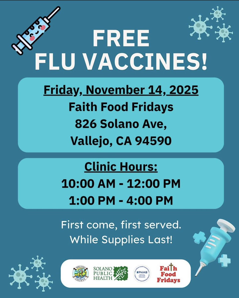 ChildrensNet's tweet image. Solano Public Health is offering FREE flu vaccines for everyone 6 months and older to help keep our community healthy through fall and winter. 
11/14/2025, 10:00 AM – 12:00 PM and 1:00 PM – 4:00 PM, 826 Solano Ave, Vallejo, First come, first served while supplies last.