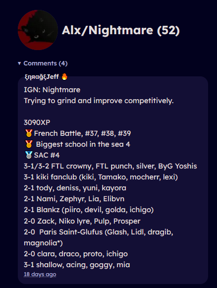 Got suggested to +3 by <a href="/EnrageJeff/">YourOneAndOnlyJeff</a> :)
Hopefully I get in this time (51.33% last time) + 2-1 shallow, acing, goggy, mia now
Give me a chance to improve 🙏🙏