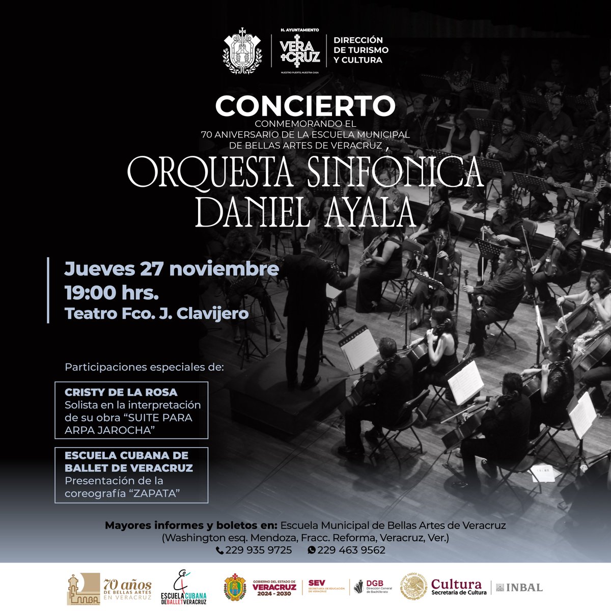 🎶 Concierto por el 70 aniversario de la Escuela Municipal de Bellas Artes de Veracruz. Con la Orquesta Sinfónica Daniel Ayala.

📅 Jueves 27 de noviembre | 19:00 hrs
📍 Teatro Fco. J. Clavijero
🎟️ Informes y boletos:
Escuela Municipal de Bellas Artes de Veracruz
📞 229 935 9725