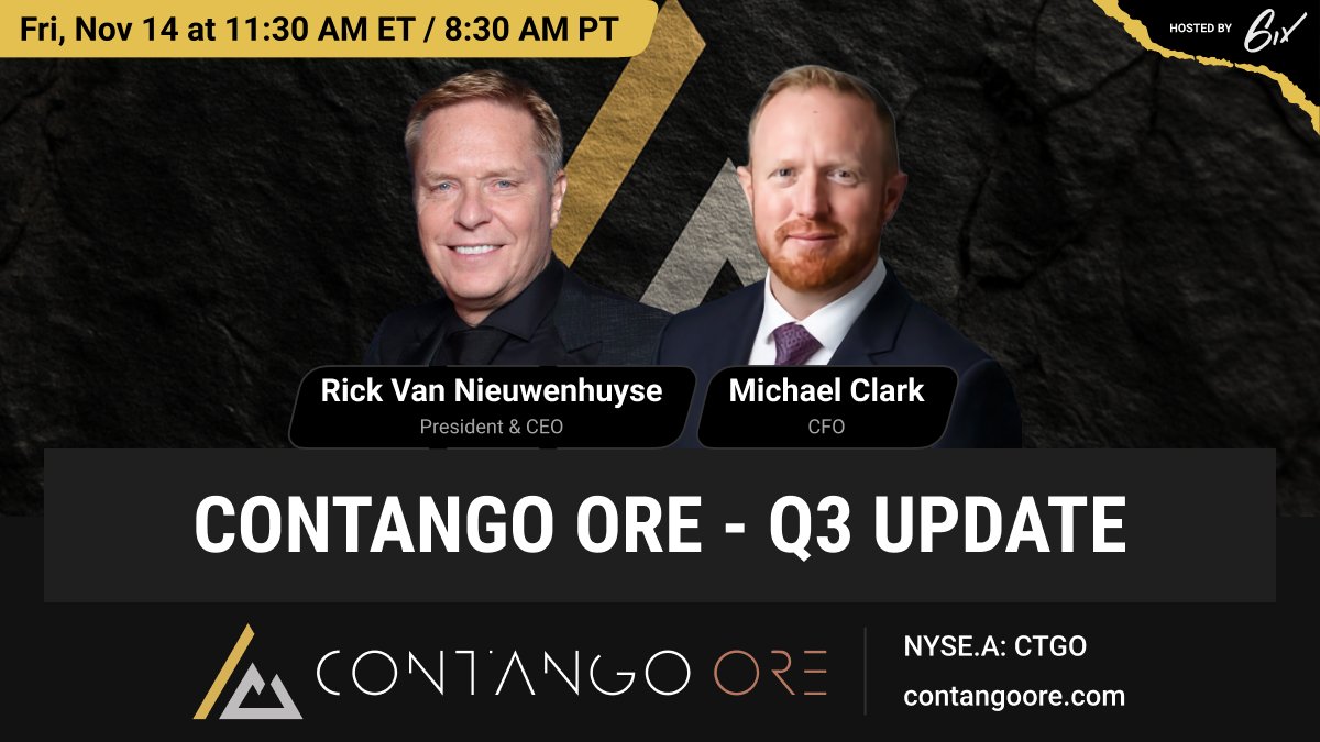 OreContango's tweet image. Join CEO Rick Van Nieuwenhuyse and CFO Mike Clark for an update on Q3&apos;s production. After a brief interview, the executives will be available for live questions.

Register here: bit.ly/4oB13W9