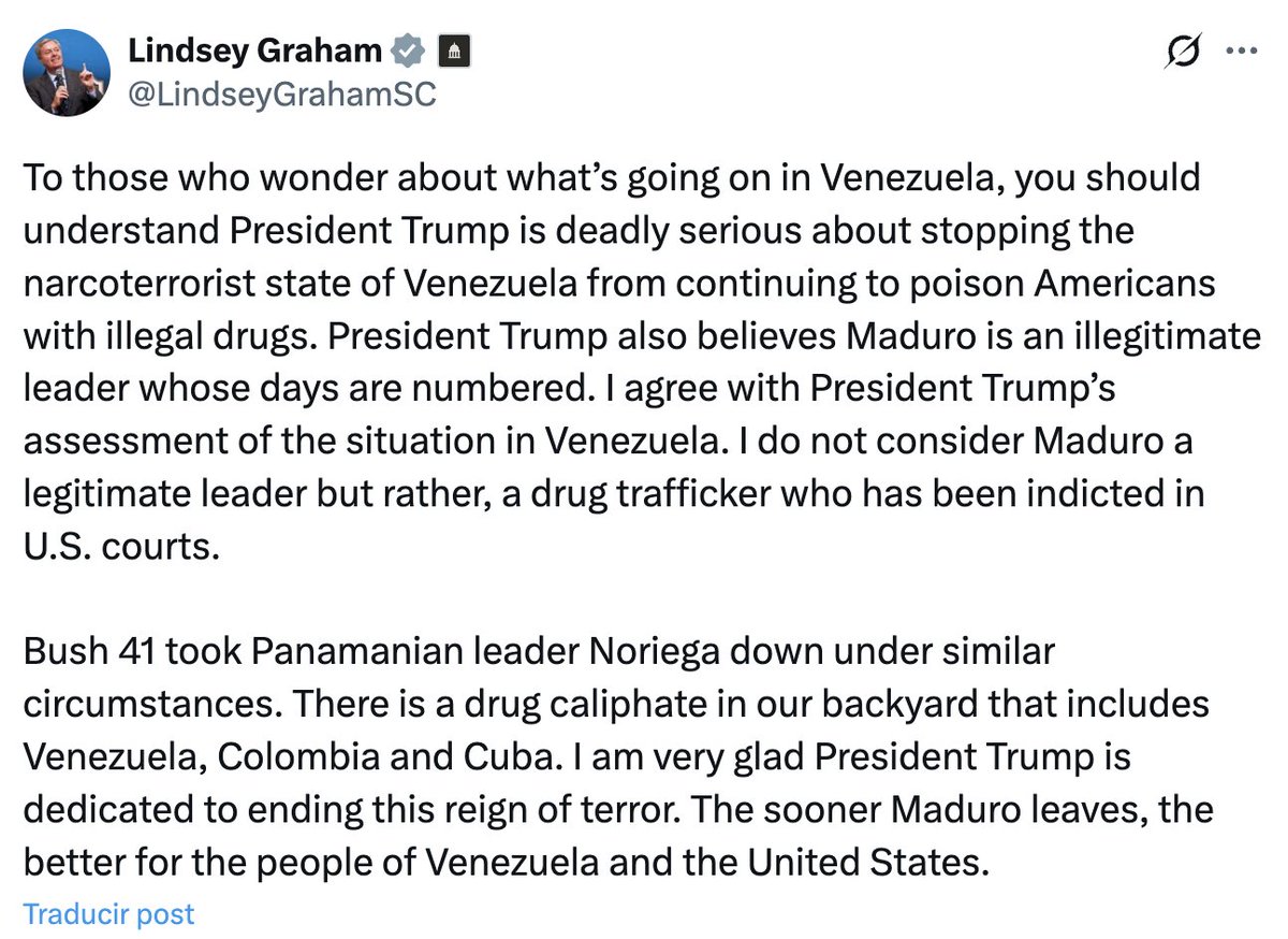 🚨Senador Lindsey Graham: “El presidente Trump está sumamente comprometido con impedir que el estado narcoterrorista venezolano siga envenenando a los estadounidenses con drogas ilegales”