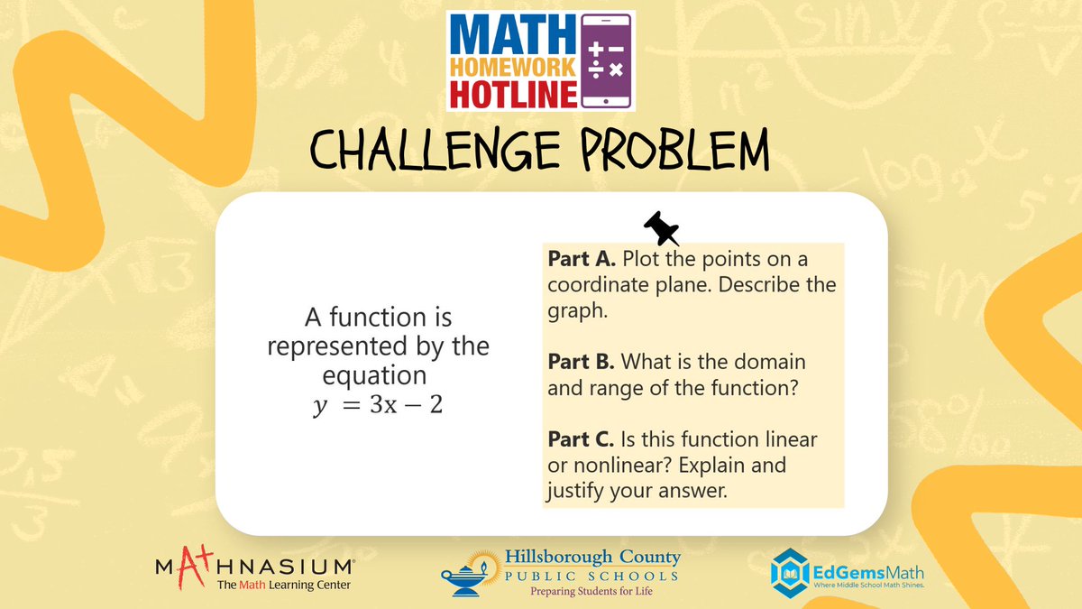 HillsboroughSch's tweet image. TIME TO TUNE IN 🕧 #MathHomeworkHotline begins NOW!

Here&apos;s a look at tonight&apos;s Challenge Problem.

📞 813-840-7260
📺 Spectrum Ch. 635 / Frontier Ch. 32
💻 hillsboroughschools.org/mhh