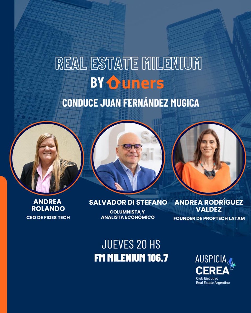 Ya comienza Real Estate por ⁦<a href="/fmmilenium/">FM Milenium 106.7</a>⁩, no se pierdan la participación de ⁦<a href="/SalvaDiStefano/">@salvadistefano</a>⁩ y las notas a Andrea Rolando de Fides Tech y Andrea Rodriguez Valdez de Proptech Latam