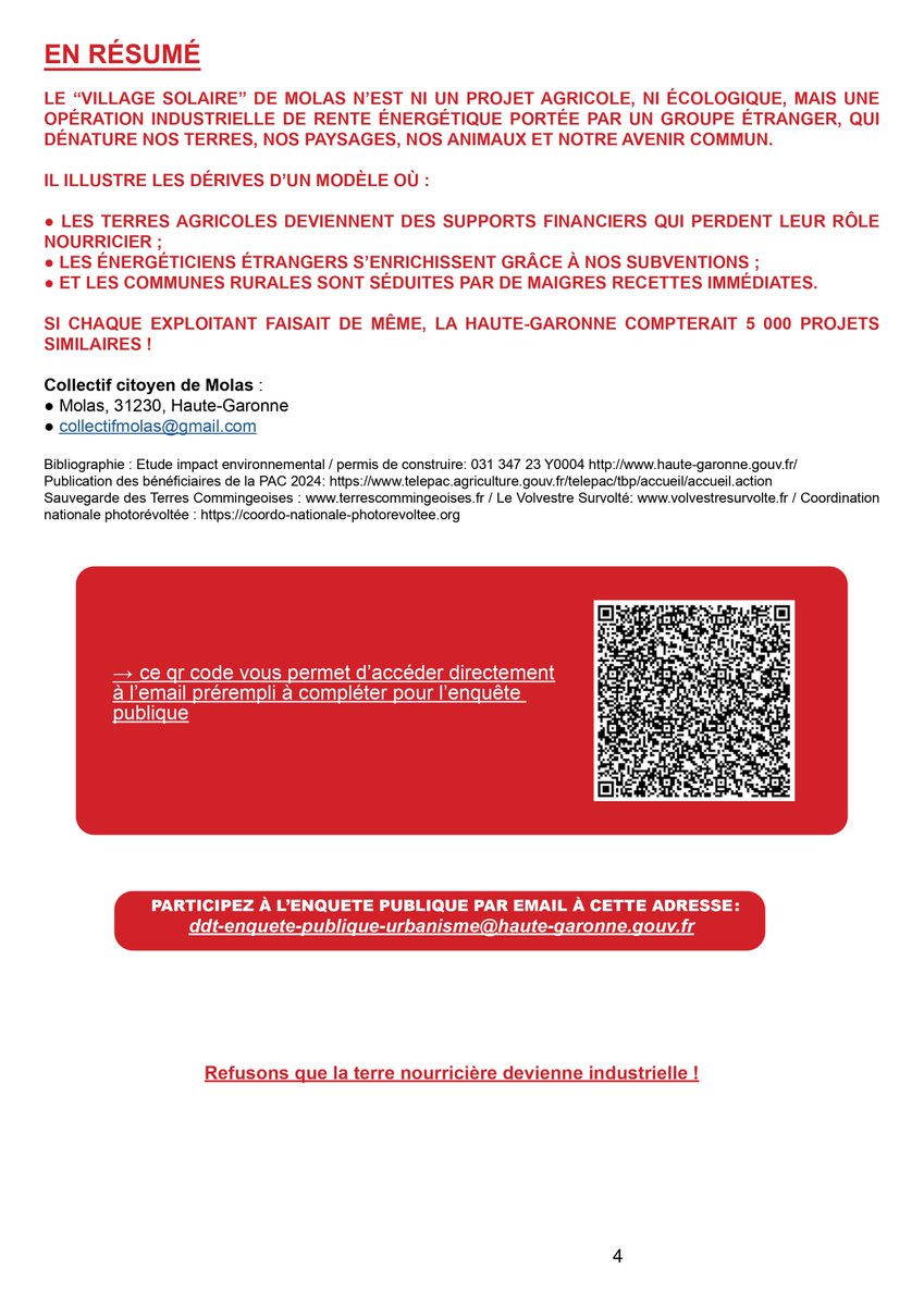 Envoyez un avis d'ici le 3 décembre contre le projet agrivoltaïque de Molas dans le cadre de l'enquête publique. Aidez-vous de la lettre d'information du Collectif citoyen de Molas : terrescommingeoises.fr/wp-content/upl…

#enquêtepublique #agrivoltaïsme #photovoltaïque #Comminges #Occitanie
