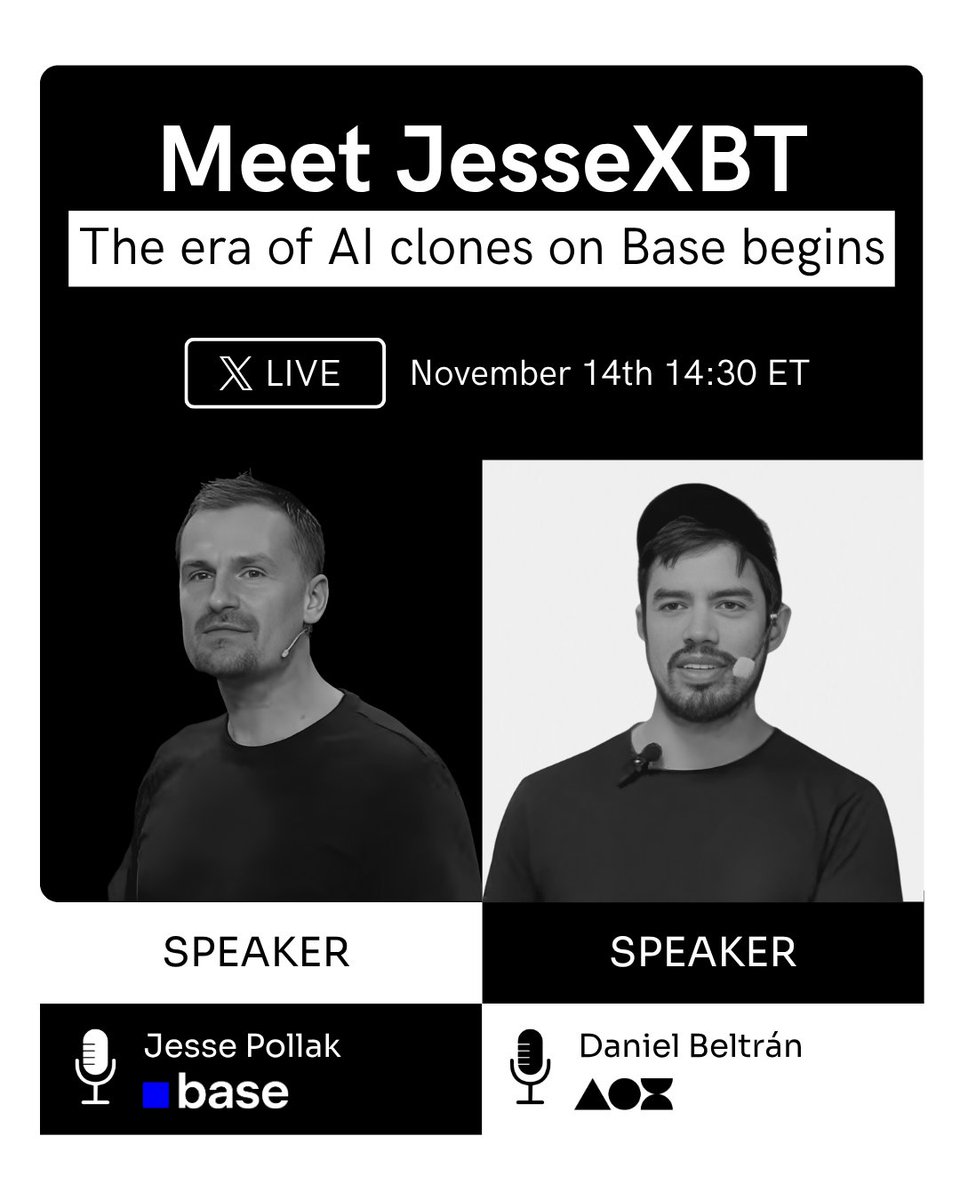 a0xbot's tweet image. See you this Friday the 14th at 2:30 PM ET for a special conversation between @bvdani_el  and @jessepollak , where we’ll talk about what’s coming for JesseXBT and A0x, and how Jesse’s clone is changing the way builders are building on Base.🤖🟦

If you’re building, this Live is…