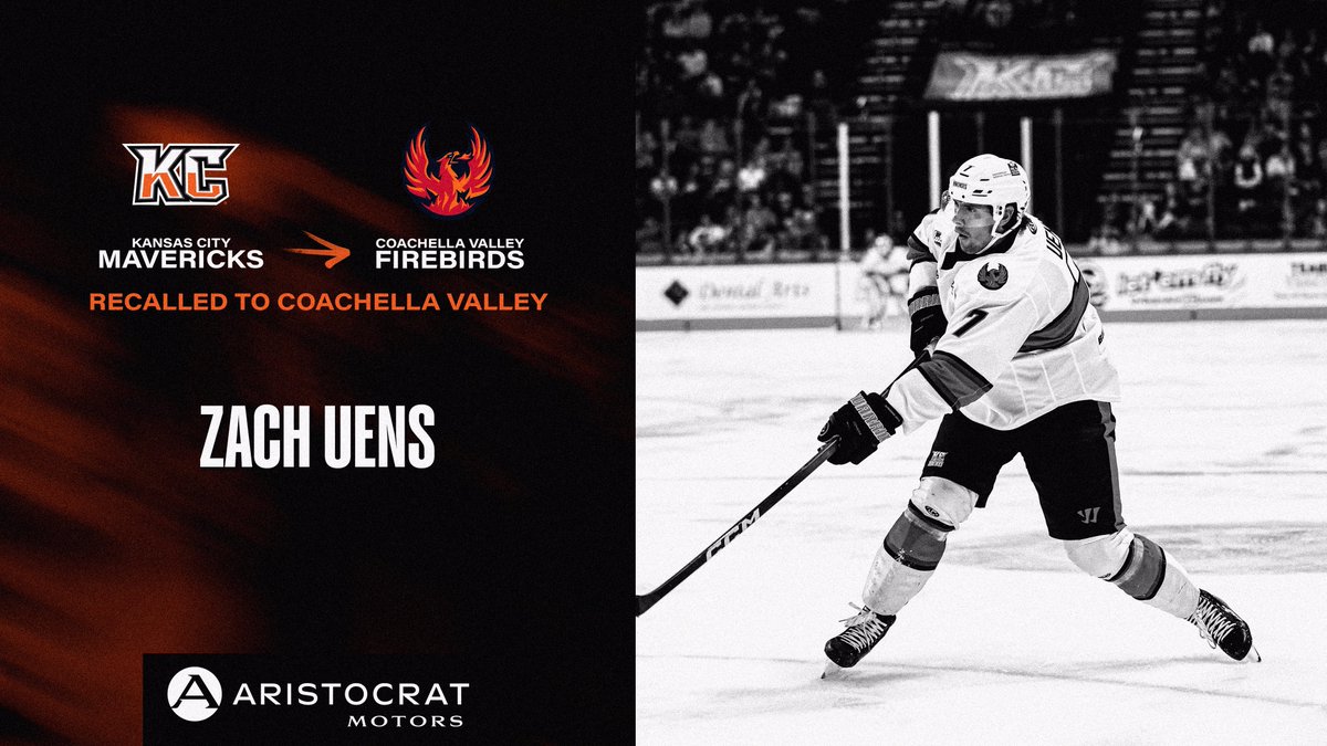 📰 NEWS: Defenseman Zach Uens has been recalled by the <a href="/Firebirds/">Coachella Valley Firebirds</a>. 

Aristocrat Motors - Proud sponsor of the KC Mavericks.