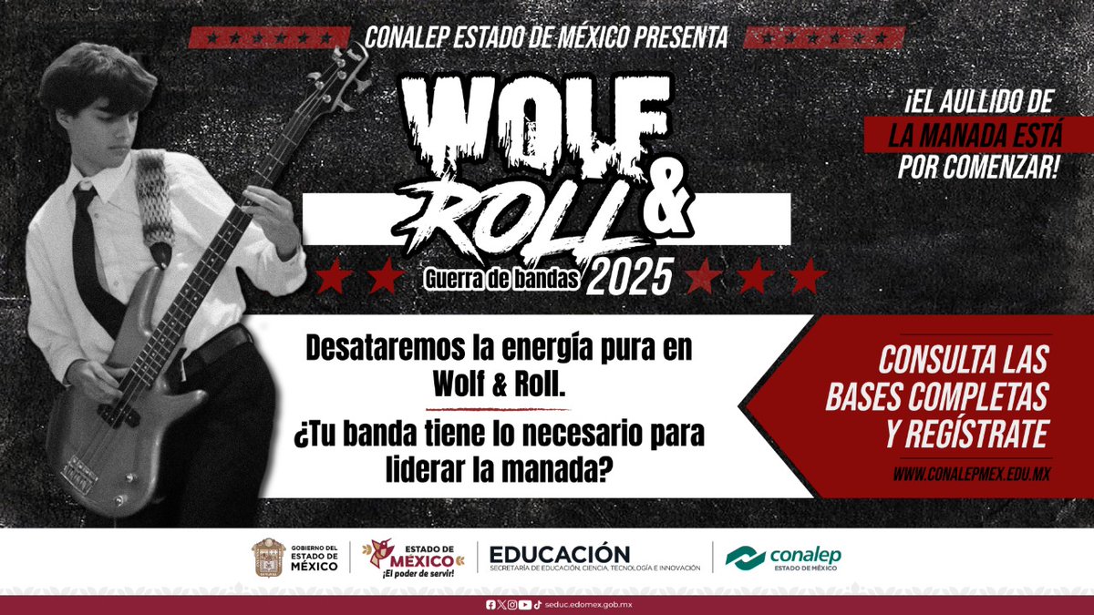 Conalep_Edomex's tweet photo. 🎤🔥Llega #WolfAndRoll la Guerra de Bandas que hará vibrar a la #ManadaCONALEP 🐺
🎸Arma tu grupo, afina cuerdas y deja que tu ritmo conquiste los oídos de la manada 🎶
🗓️ Registro en https://t.co/x8V93f0VOG
#OrgullosamenteCONALEP #ApasionadamenteCONALEP #ElPoderDeServir https://t.co/XhOfa9dzNy