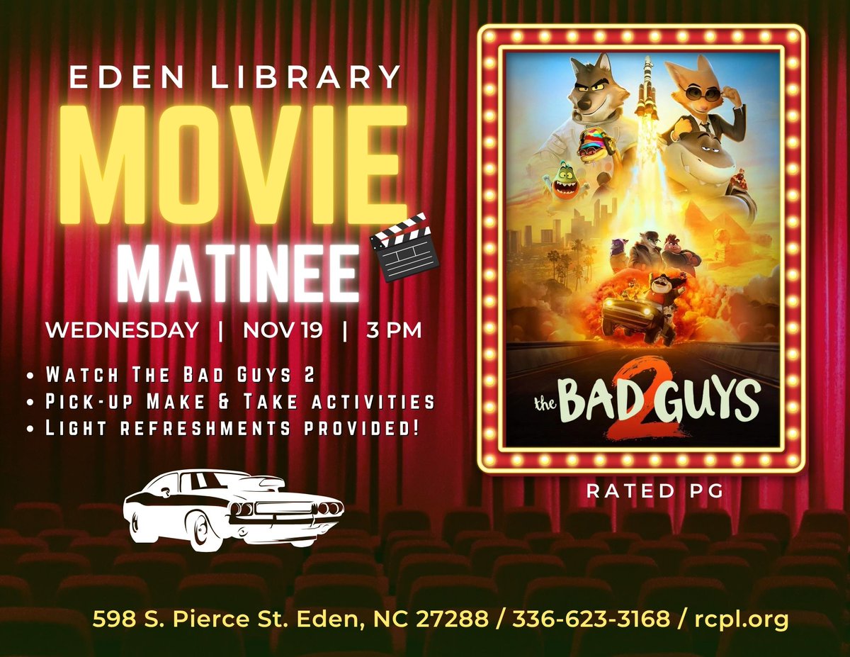 RCP_Library's tweet image. Eden Library Movie Matinee showing &quot;the Bad Guys 2&quot; on Wednesday, November 19th at 3pm! 📽️🐺🦊🦈