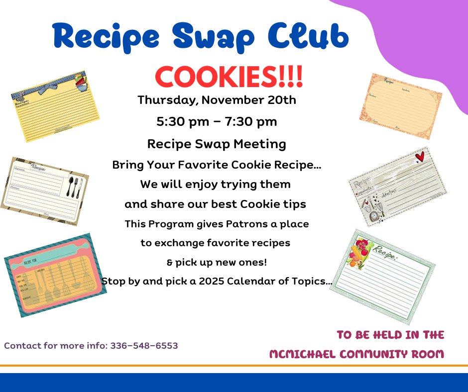 RCP_Library's tweet image. Programs and Events at Rockingham County Public Library on Thursday, November 20th! 🍪📘🎨🎱