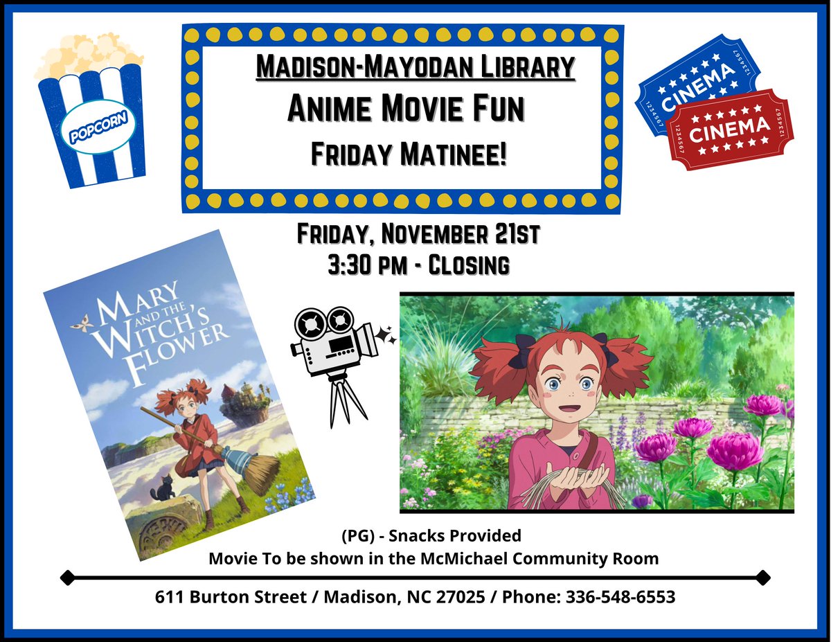 RCP_Library's tweet image. Eden Library Food for Thought Friday on Friday, November 21st at 4pm! (sign-up  required) Anime Movie Fun Friday Matinee showing Mary and the Witch&apos;s Flower at Madison-Mayodan Public Library on Friday, November 21st at 3:30pm! 🍎📽️🧙‍♀️