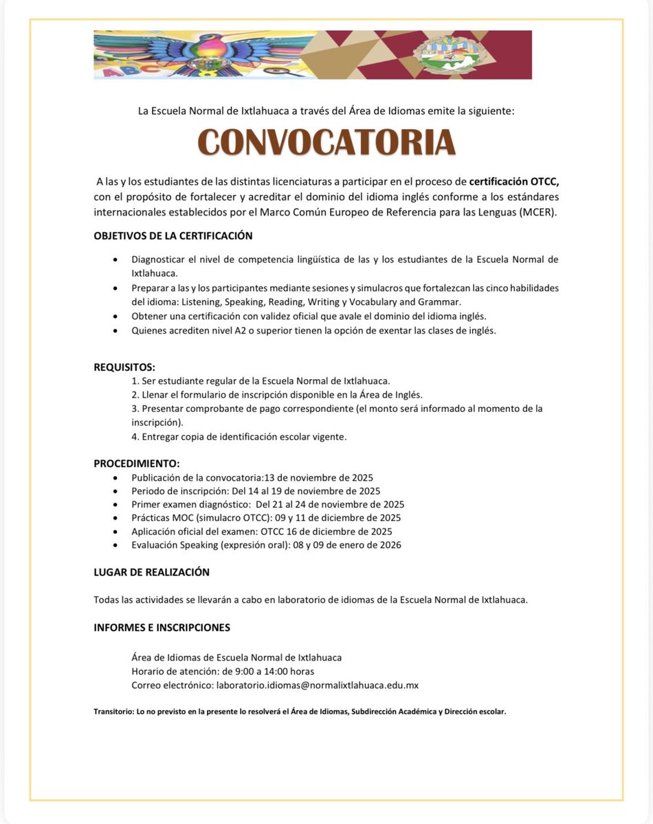 IxtlahuacaDe's tweet image. La escuela Normal de Ixtlahuaca invita, a toda la comunidad estudiantil a participar en el proceso de la certificación OTCC, recordándoles que esto suma valor a su formación académica y profesional. 
#formaciondocente #englishacademy