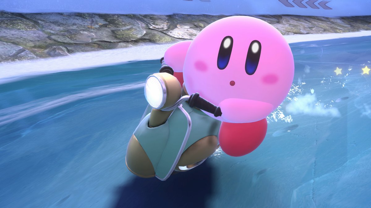 The Wheelie Scooter is a mini-motorcycle machine that's easy to handle and great on corners. You won't have a lot of raw speed, though, so take advantage of jumps and other maneuvers to get ahead! #KirbyAirRiders