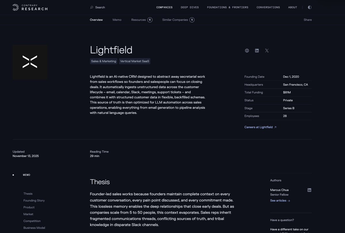 kwharrison13's tweet image. Dozens of categories are being invented from first principles as AI-native. 

So the team at Contrary Research dug into Lightfield: the AI-native CRM.