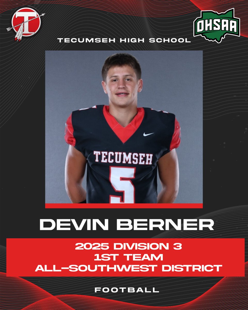 Congratulations to Sophomore Devin Berner for being named to the First-Team Division-III All-Southwest District Football Team. 

Congratulations!!!