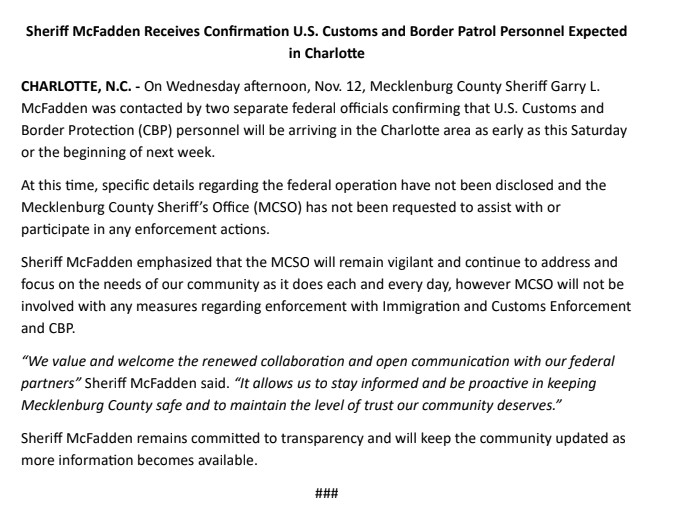 BREAKING: <a href="/MeckSheriff/">Meck Sheriff</a> Garry McFadden confirms that Customs &amp; Border Protection agents will begin arriving in Charlotte as early as Saturday.