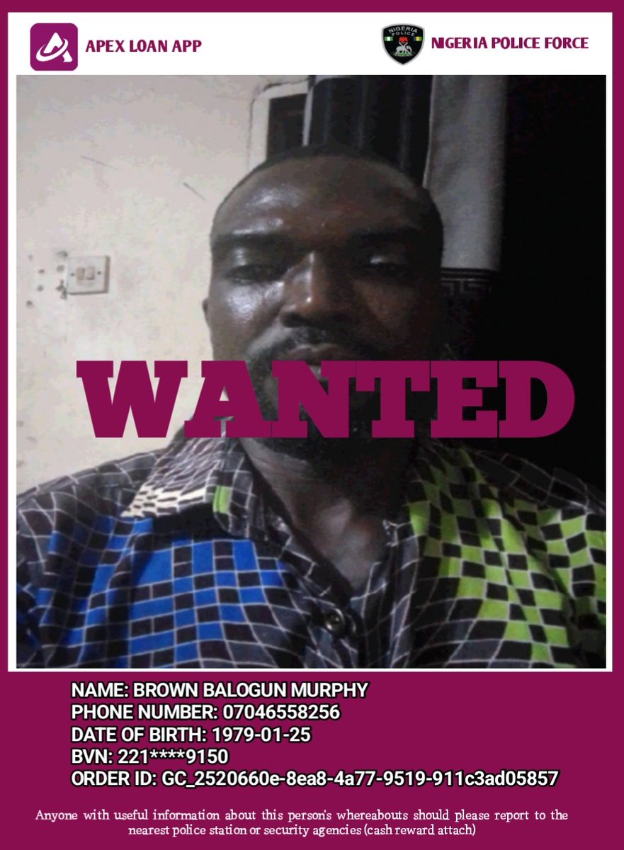 Apexloanapp's tweet photo. BROWN BALOGUN MURPHY is on a run with our money after several attempts of getting our loan she has proven to act fraudulent, she is declared WANTED this day the 13th of November, 2025. 

Anybody with useful information should DM

#Apex #loan #Nigeria #deslimstemens #oasislive25 https://t.co/mAKLbdLedD
