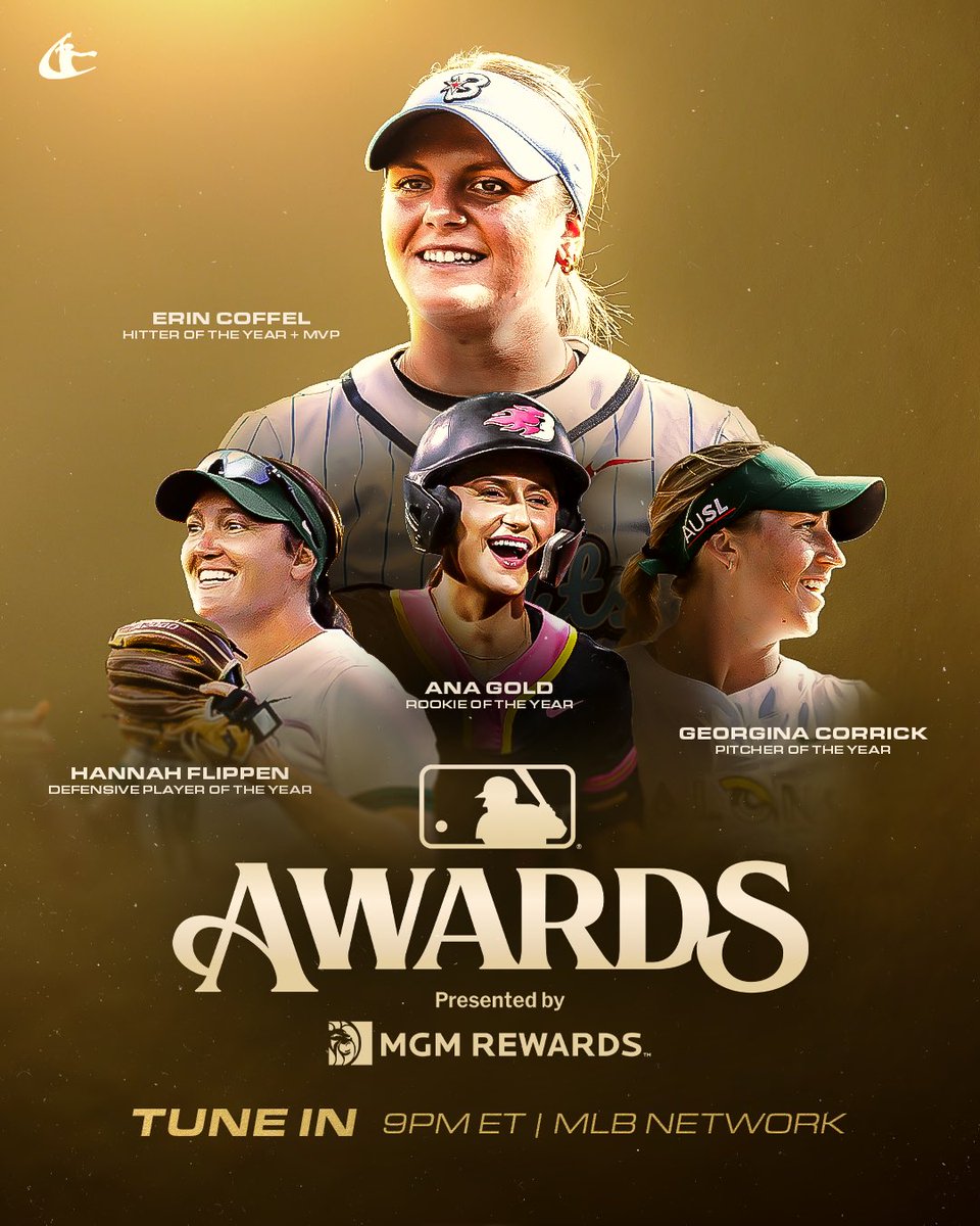 theAUSLofficial's tweet photo. tune into MLB Network tonight at 9pm EST to watch AUSL’s Georgina Corrick, Ana Gold, Hannah Flippen and Erin Coffel be honored during the MLB Awards 🏆 

🔗 https://t.co/sPwiTSUAWj https://t.co/PHgrwr3QE5