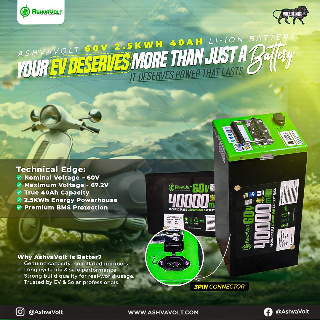 ashvavolt's tweet photo. Give your EV the upgrade it deserves —
 AshvaVolt 60V 2.5kWh battery ⚡ Reliable. Powerful. Indian.
#AshvaVolt #EVPower https://t.co/Dt4FeXzBkn