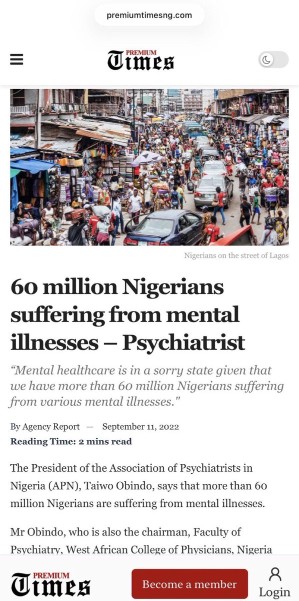 General_Oluchi's tweet photo. I am not surprised at Ezra. Never will be, although I believe this stat is wrong. It should be 199 million Nigerians suffering from mental illnesses. https://t.co/JXFO9kUSNX