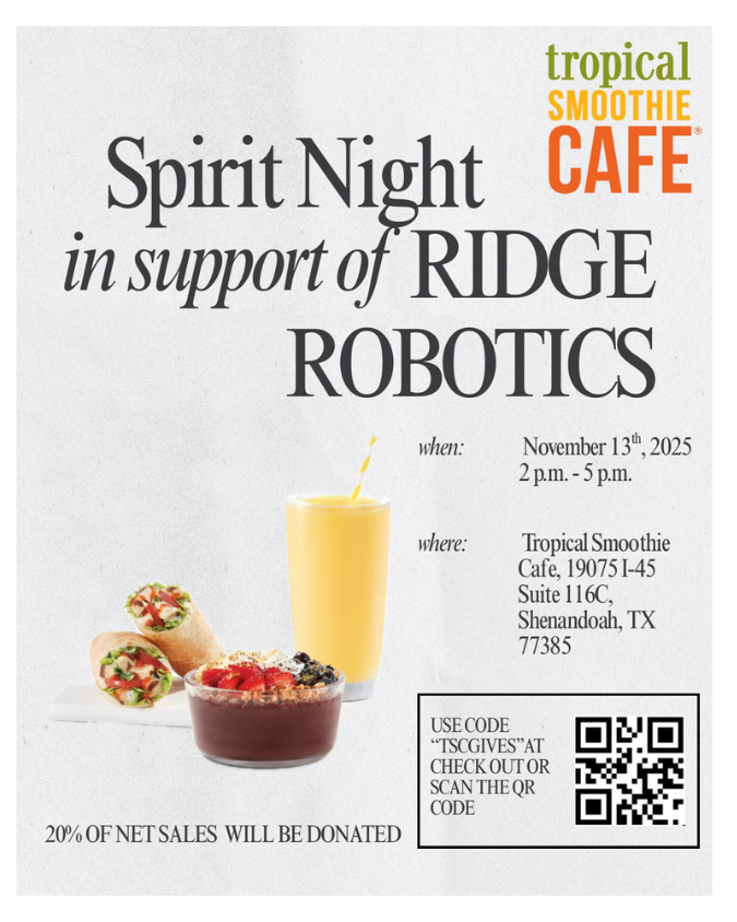 ACESCISD's tweet image. Ridge Robotics Fundraiser TODAY  at Tropical Smoothie Shenandoah from 2 - 5 PM. Use code &quot;TSCGIVES&quot; at check out. 20% of sales will be donated to the program. Thank you for your support. 
Ridge Robotics is UIL State BEST Robotics Competition bound in December.