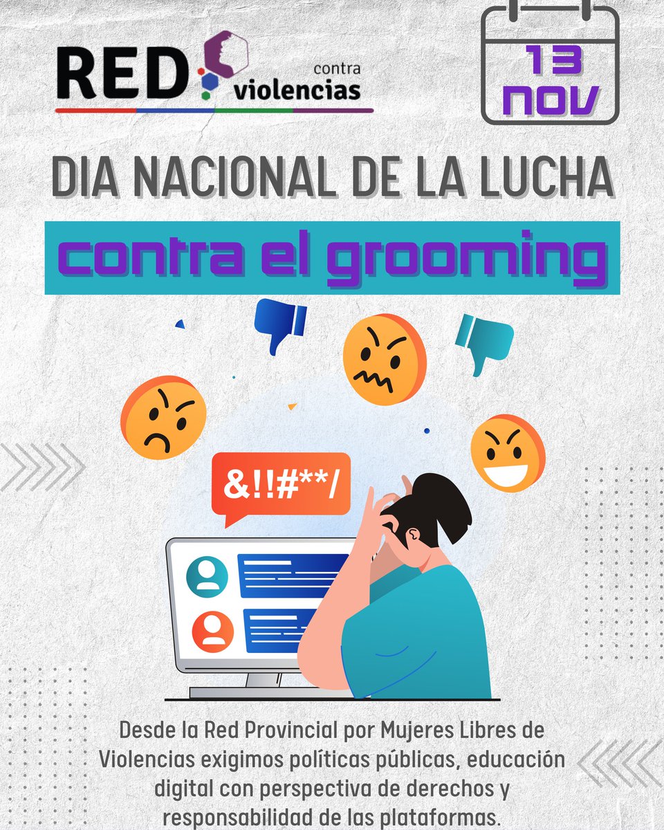 El grooming es una forma de violencia patriarcal digital que invade los espacios donde niñas, niños y adolescentes deberían estar seguros. 

Desde la Red exigimos políticas públicas y educación digital con perspectiva de derechos y responsabilidad de las plataformas.