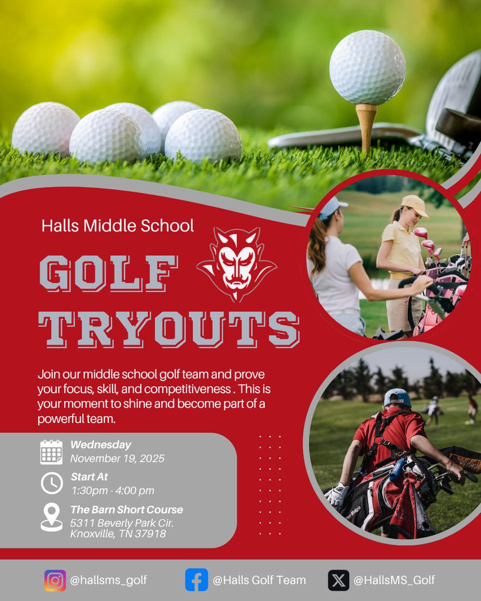 Halls Middle School Golf Team will meet Wednesday, Nov. 19th at 1:30 @ The Barn to discuss upcoming season. Please join us if you’d like to join the team. Thanks, Coach McGaha