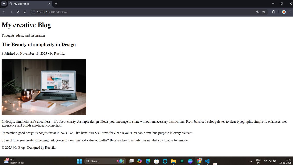 rawaniruchi's tweet image. Day 5 ✅ Created a Blog Article Page using HTML &amp;amp; CSS. Styling was done by chatgpt :)
#100DaysOfCode #FrontendDevelopment #WebDesign #HTML #CSS