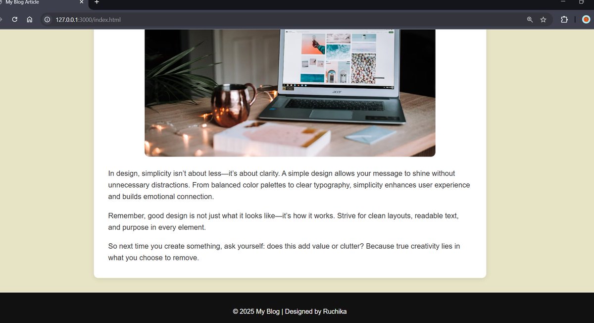 rawaniruchi's tweet image. Day 5 ✅ Created a Blog Article Page using HTML &amp;amp; CSS. Styling was done by chatgpt :)
#100DaysOfCode #FrontendDevelopment #WebDesign #HTML #CSS