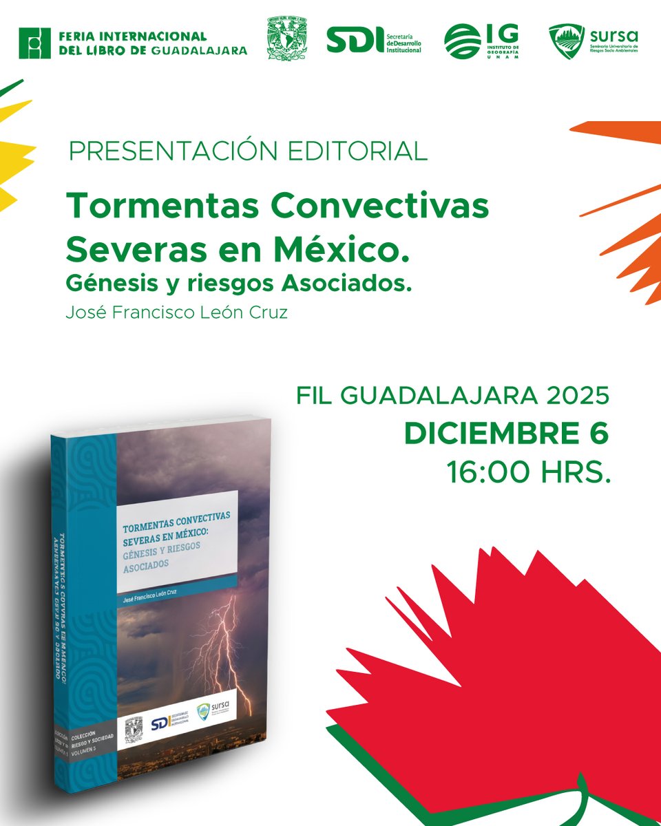 SURSA_UNAM's tweet image. ¡Nos vemos en la FIL Guadalajara 2025! 🙌

No te pierdas nuestra presentación editorial. 📚

"Tormentas Convectivas Severas en México. Génesis y riesgos Asociados" de. Dr. Francisco León Cruz. ⛈️

📌Expo Guadalajara
📅6 de diciembre
⏰16:00 hrs.

🌐fil.com.mx/info/info_fil.…