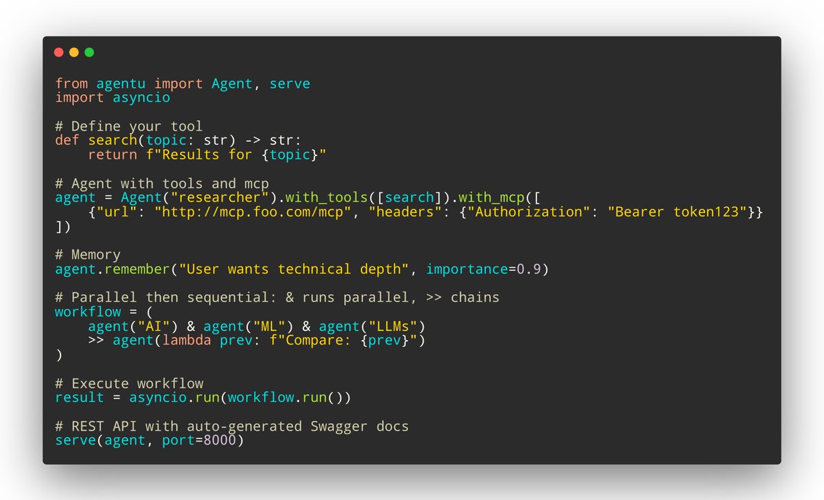 GNUmanth's tweet photo. pip install agentu

Features:
- Auto-detects Ollama models (also works with OpenAI, vLLM, LM Studio)
- Memory with importance weights, SQLite backend
- MCP integration with auth support
- One-line REST API with Swagger docs
- #python functions are tools, no decorators needed

#ai https://t.co/vFU1CKjiOp