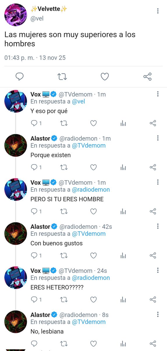 LiaRamas's tweet image. Alastor y Velvette siendo bestis y tirandole hate a los onvres

#hazbinhotelseason2 #Alastor #velvette #Vox