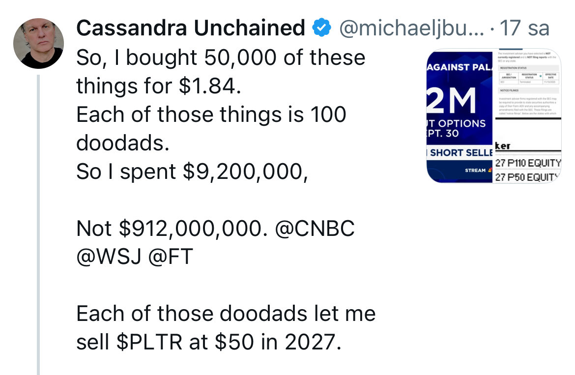 Bizde (Türkiye), YouTube Katıl, X abonelikleri ya da Telegram grupları üzerinden vaktiyle poz aldığı varlıkları takipçilerine satmaya çalışan sözde fenomenlerin aksine; adam, açtığı put pozisyonlarını bile açık açık paylaşıyor.
Michael Burry hala kral.<a href="/michaeljburry/">Cassandra Unchained</a>