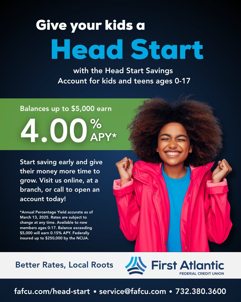 FirstAtlanticCU's tweet image. Earn 4.00% APY* on balances up to $5,000 with our Head Start Savings Account for ages 0–17. 
Start saving big today by visiting fafcu.com/head-start 

 #SmartSaving #HeadStartSavings #CreditUnion #BetterRates #Localroots