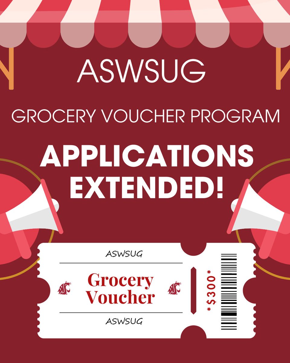 💰 ASWSUG Grocery Voucher Program update!
Voucher value increased from $150 → $300 + applications extended to Dec. 31! 🛒Extra FA step, be sure to check email. Open to non–S&amp;A fee-paying students &amp; Fall re-applicants.
Apply now 👉 online.wsu.edu/aswsug/grocery…
#GlobalCougs #ASWSUG