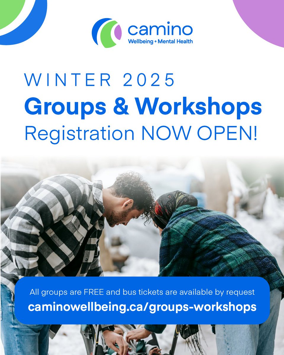 Join one of our many groups and give yourself time and space to focus on your own wellbeing and mental health. Check out our full line-up of groups starting soon. You're sure to find something perfect for you.

Learn more and pre-register today at caminowellbeing.ca/groups-worksho…