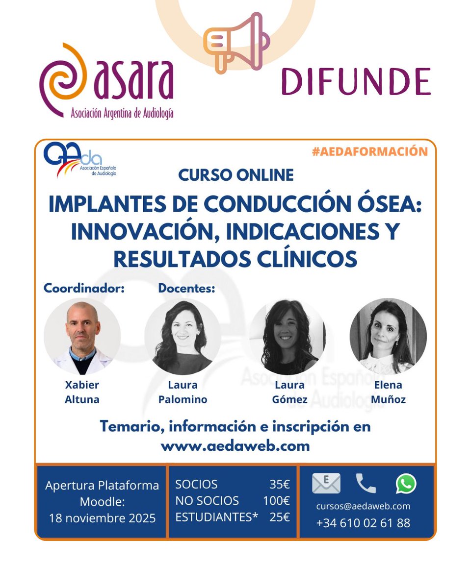 ✅ ASARA difunde la realización de un curso de la Asociación Española de Audiología, sobre el tema: “Implantes de Conducción Ósea: Innovación, Indicaciones y Resultados Clínicos”.

🌐 Para más información: aedaweb.com
📧 Por consultas: secretaria@aedaweb.com