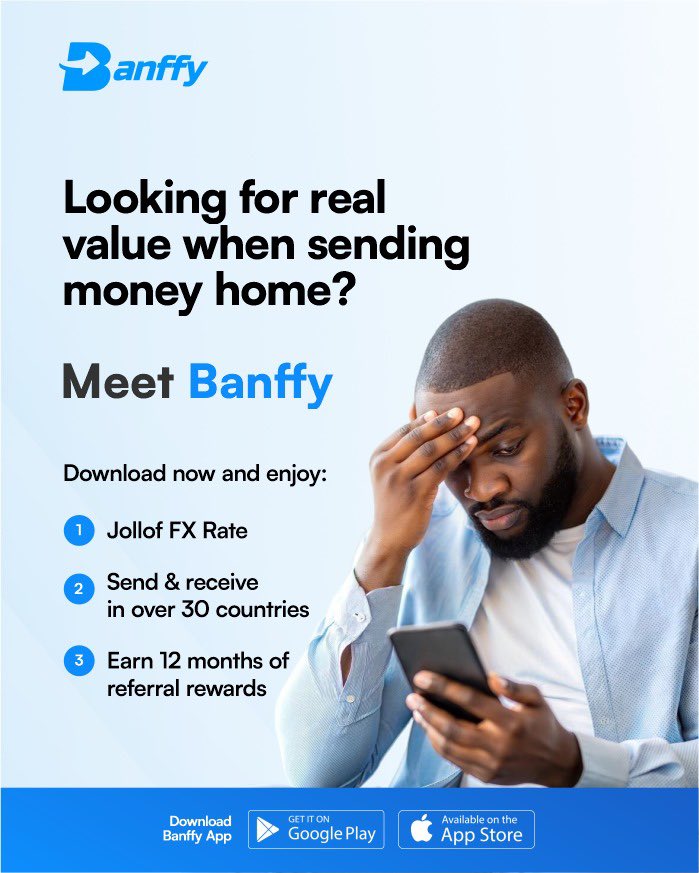 Stop chasing rates! Your plug for connecting hearts and making payments is here! *Meet Banffy.* 
Fast, transparent, and secure transfers. No stress, no surprises.

Download Banffy now from the playstore or app store now

#SendWithBanffy #SendMoneyHome #internationaltransfer