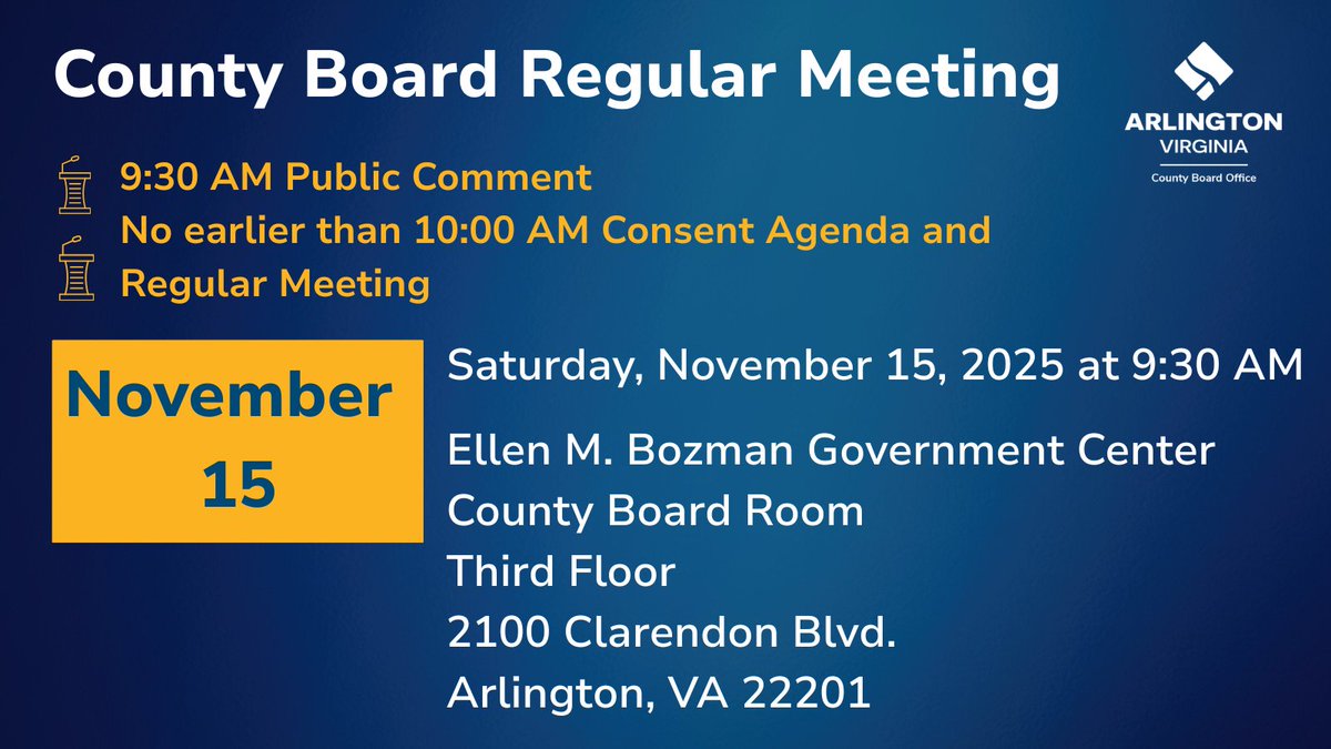 This Saturday’s County Board meeting will be held at the Bozman Center starting at 9:30 AM. See what’s on the agenda, sign up to speak, or learn how to attend: arlingtonva.us/Government/Cou…

Stream it live: youtube.com/user/arlington…