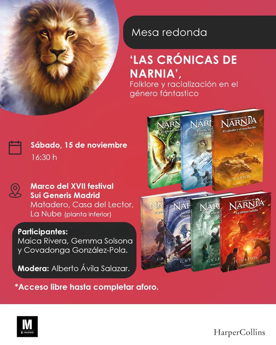 🦁 ⚔️ ¡Por Aslan! Me complace mucho anunciar que este sábado participo en el XVII <a href="/Suigenerismad/">Festival Sui Generis Madrid</a> para hablar de uno de mis temas favoritos del mundo: ¡Las #crónicasdeNarnia de #CSLewis!⚡La compañía en la mesa 'Folklore y racialización en el género fantástico' no podría ser mejor