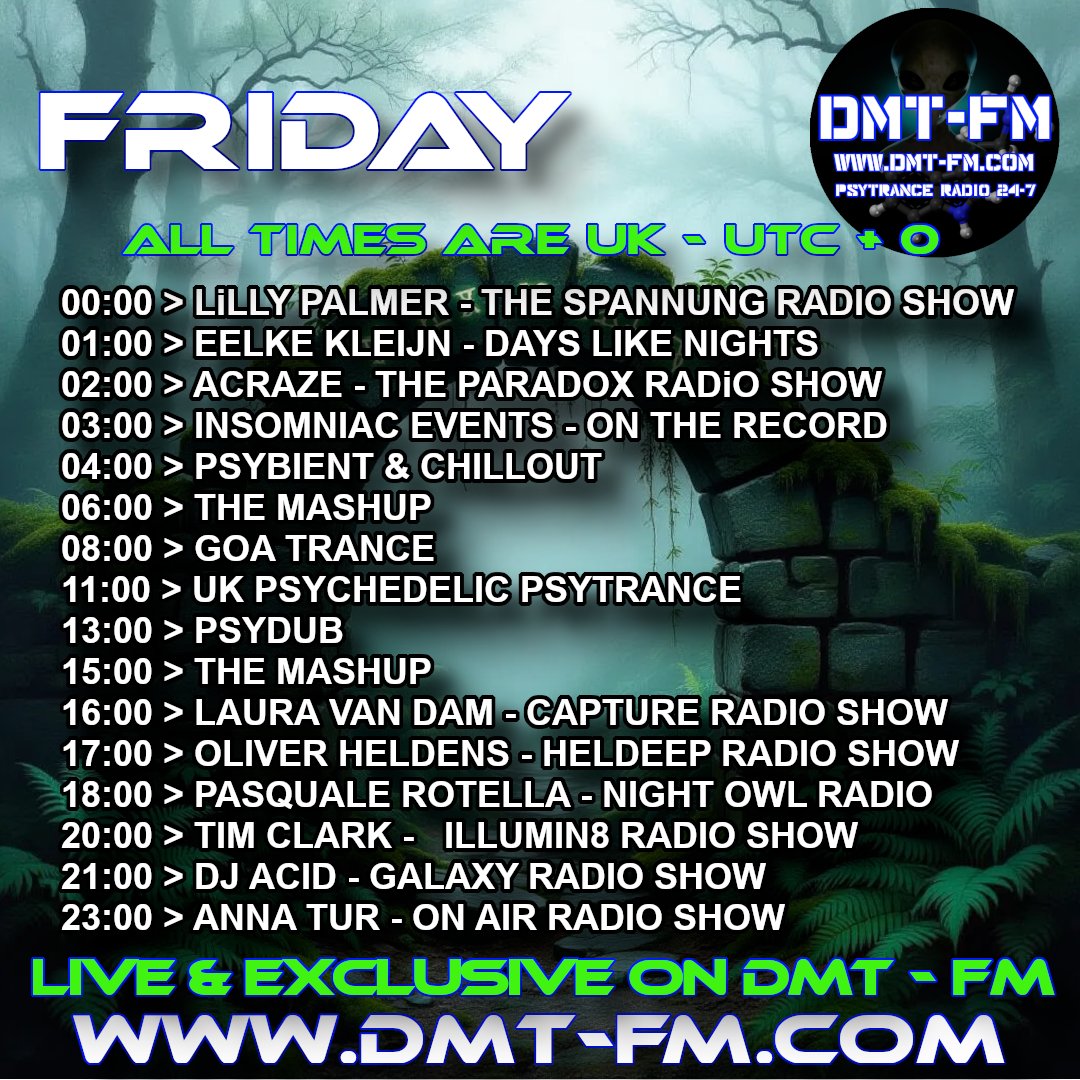 Shows on DMT Friday 14/11/2025
DMT FM - Psytrance Radio Broadcasting 24/7
dmt-fm.com
#psytrance #psytrancemusic #psybient #goatrance #fullon #EDM #psybreaks #progressivepsy #psydub #psychill #techno #trance #electronicmusic #music #dmtfm #radioshow #radiostation