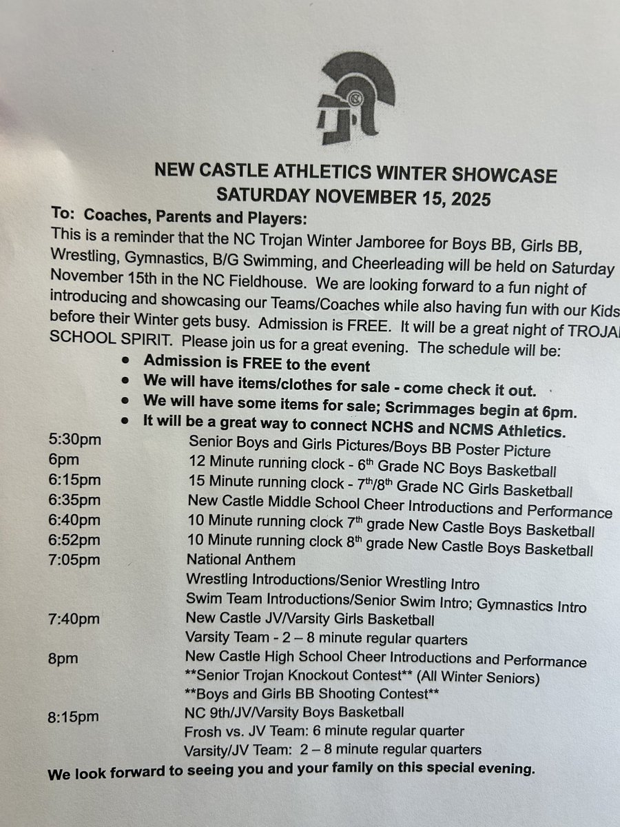 This Saturday 11/15 at 6pm the Fieldhouse will host the 2025 Winter Showcase where all of our NC Winter Athletes will be introduced and the Boys/Girls Hoops Teams will play. Admission is FREE. Join us for a great night. <a href="/NCTrojans/">New Castle Trojans</a> <a href="/NCCSCIndiana/">NCCSC New Castle Schools Indiana</a>