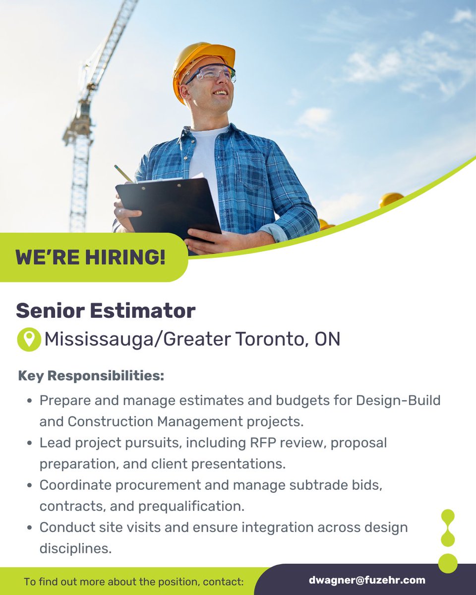 FuzeHR's tweet image. Now Recruiting: Senior Estimator Construction in Mississauga / Greater Toronto Area!

🔗 Click here to view full details: ow.ly/CmQO50Xmff4
📧 Contact us today: dwagner@fuzehr.com

#Estimator #SeniorEstimator #ProjectManagement #ICIconstruction #FuzeHR #Ontario #Canada