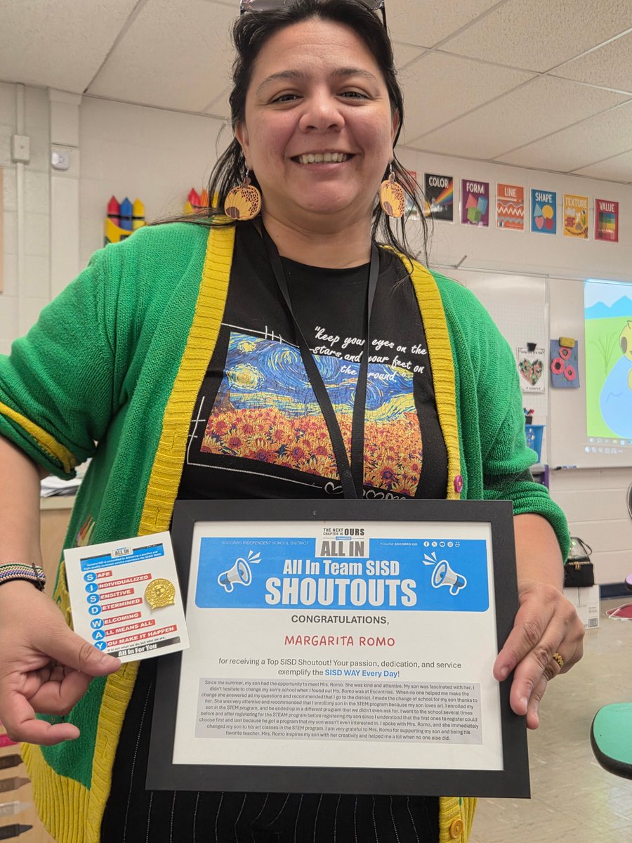 SISD_FineArts's tweet image. Congratulations to elementary art teacher from Escontrias STEAM Academy, Margarita Romo, for receiving the Top SISD Shoutout from a community member for having excellent customer service when helping parents and students! Thank you for all you do!

#TeamSISD #SISDFineArts